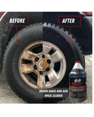 Before and after result of using wheel and tire cleaner, showing restored clean and shiny wheels by removing brake dust, grease, and grime